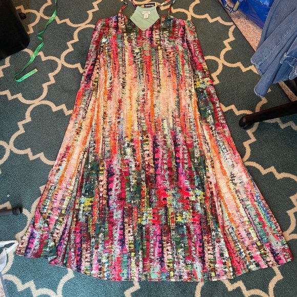 Nicole Miller NWT 1X Watercolor Abstract Print Satin Charmeuse Slip Maxi Dress - Picture 10 of 16